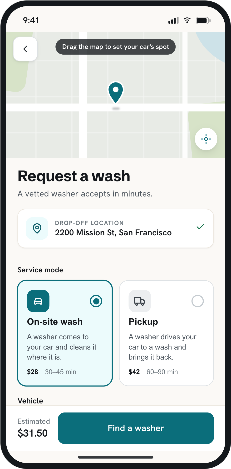Requesting a wash in the Flying Fish Autowash app: drop-off location, service mode, and estimated price.