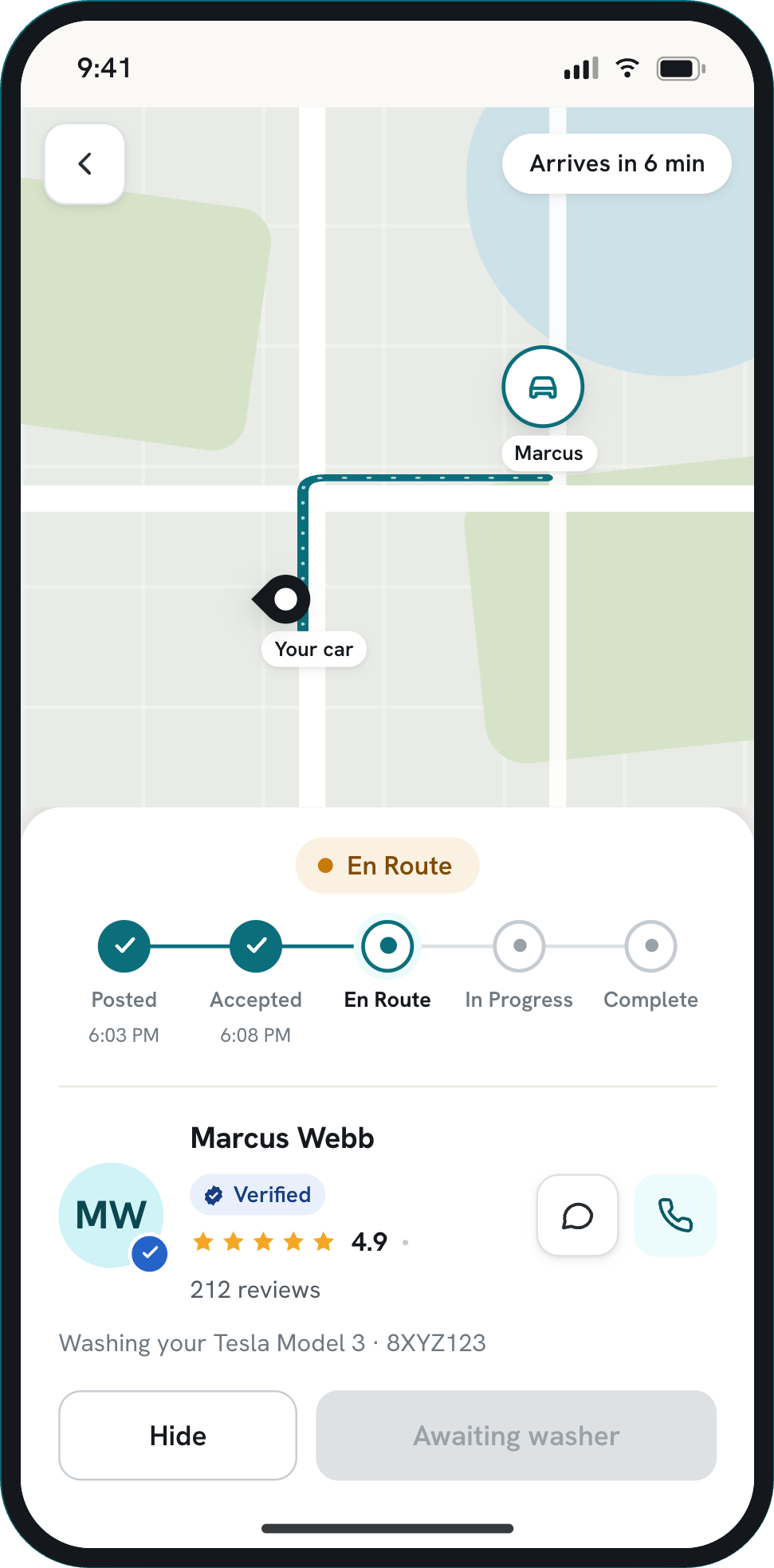 Live tracking screen with map, status stepper and washer identity.