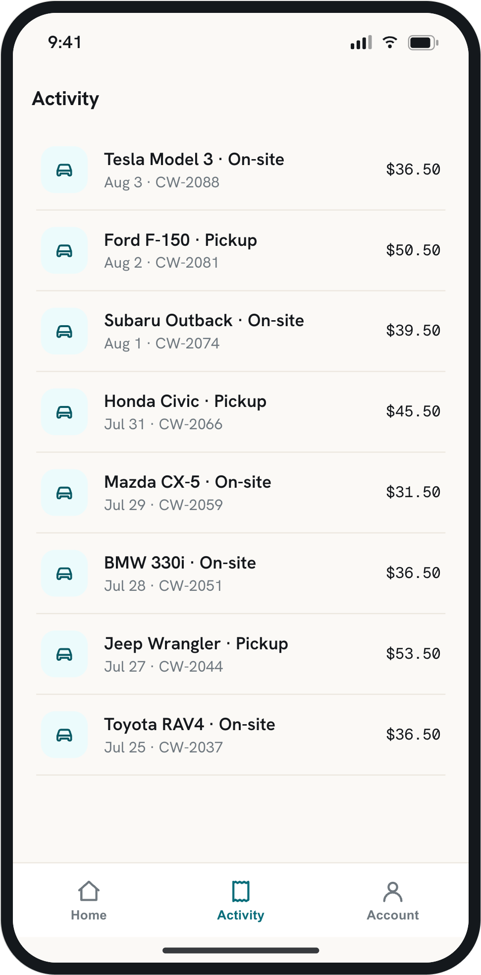 Activity screen listing past washes with date, job number, vehicle and price.