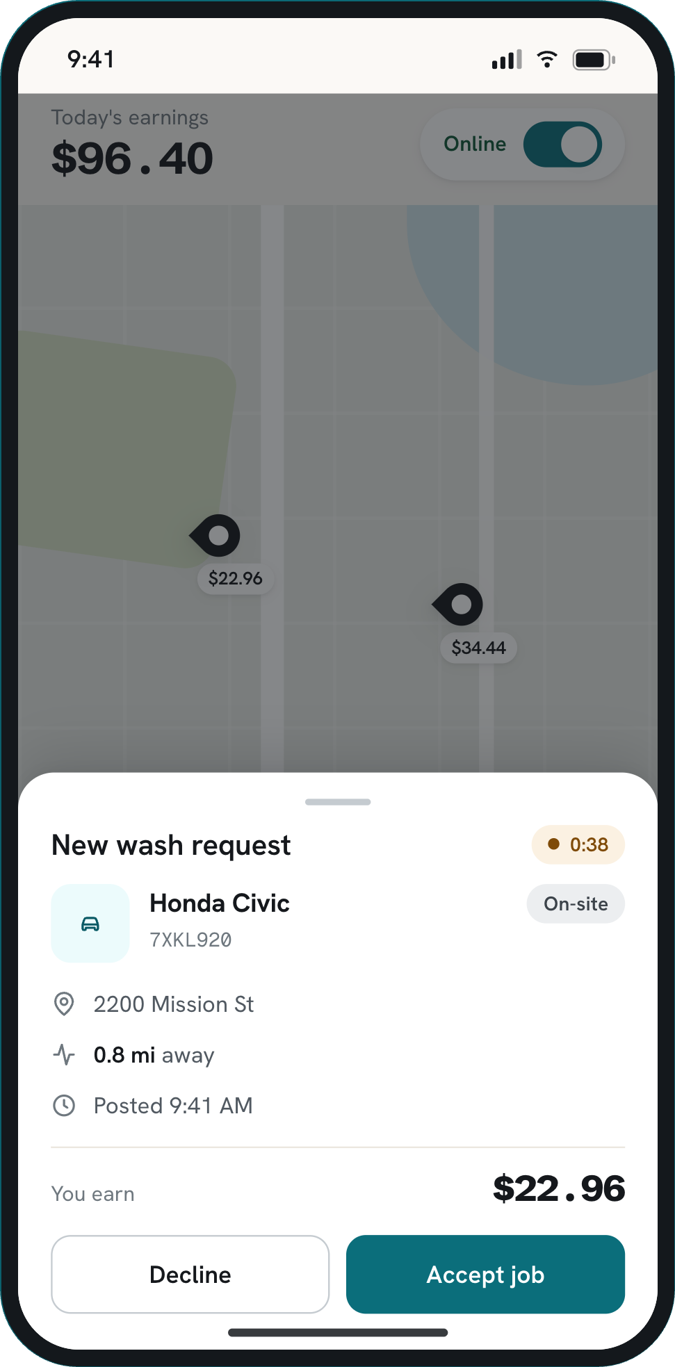 Washer app: an incoming wash request showing payout, distance and service mode.